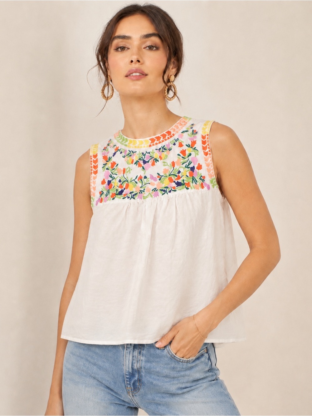 J. Crew Linen-Blend Floral Embroidered White Sleeveless Top Size 0 NWOT